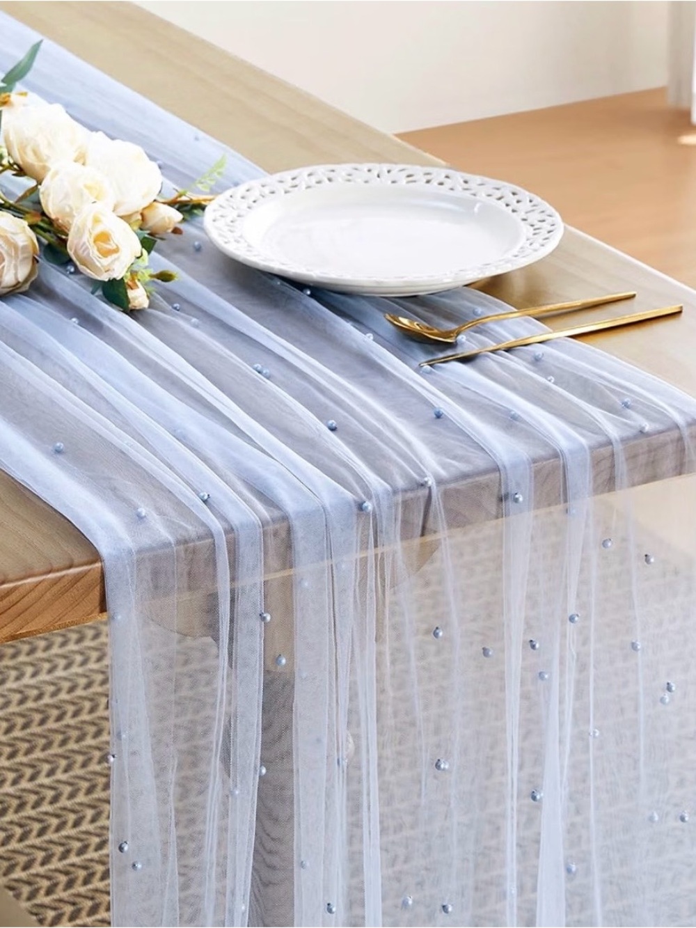 Light Blue Faux Pearl Beaded Sheer Tulle Table Runner